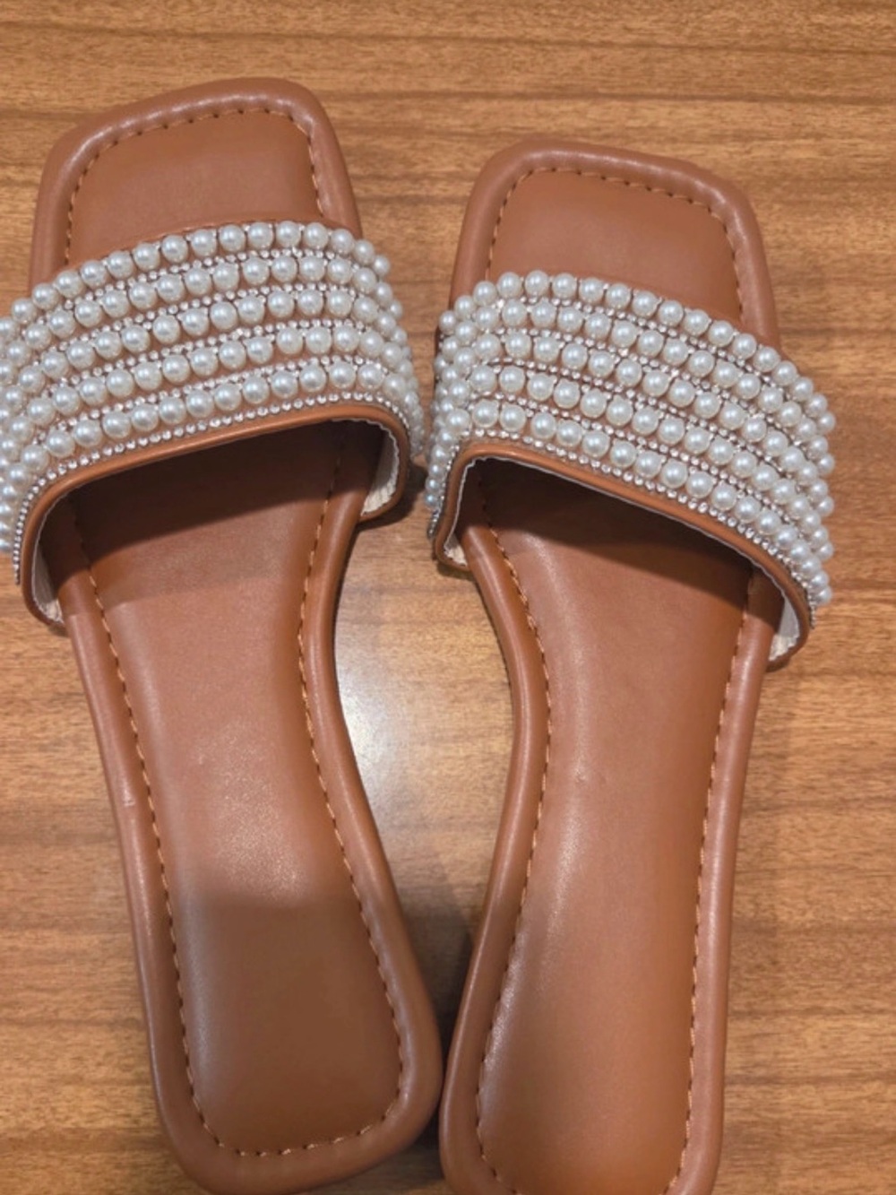 Women’s Pearl-Embellished Tan Slide Sandals